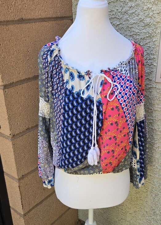 cliche Tops - Cliche Boho Patchwork Peasant Top in Pink & Navy